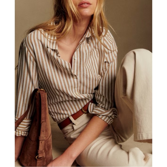 SEZANE Camel Tan & White Ecru Linen Cotton Striped Button Down Tomboy Shirt - Picture 17 of 17